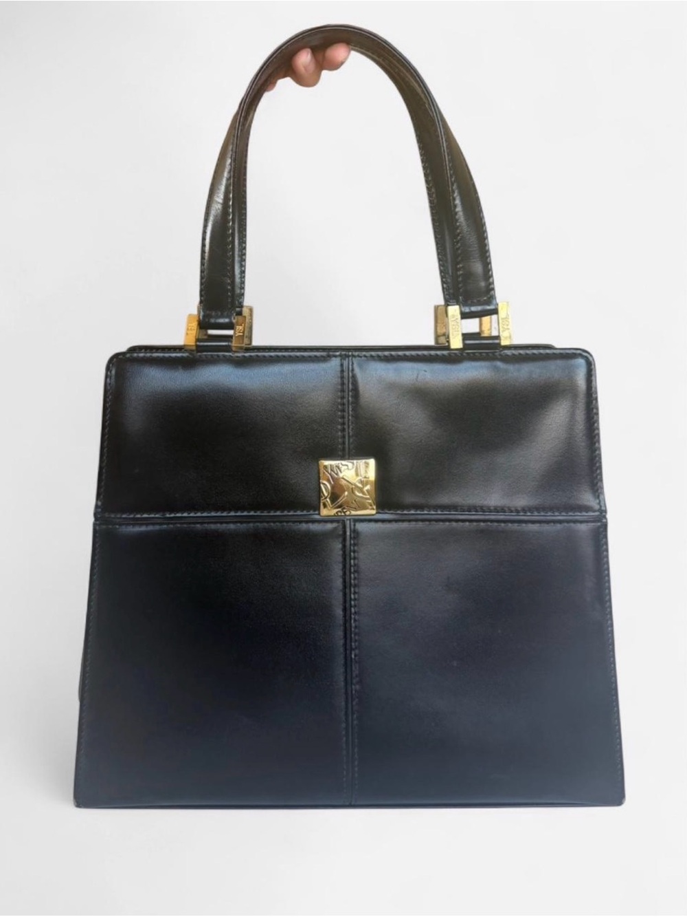Auth Yves Saint Laurent Black Leather Structured Handbag Gold Logo Hardware